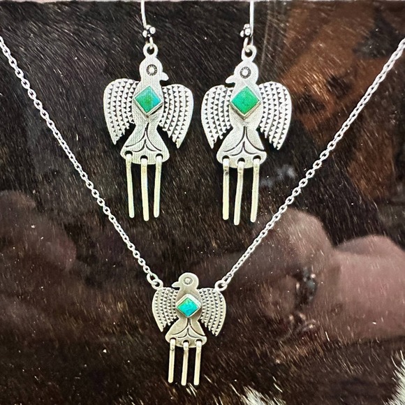 Sterling Silver Kingman Turquoise Dangle Thunderbird Necklace and Earrings Set - Picture 4 of 8